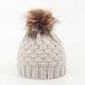Detail of light grey knit baby beanie with large brown pompom and cable stitch texture - 0-12 Months / Light Gray