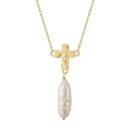 Golden cross necklace with baroque pearl pendant against a clean white background - Baroque Pearl Cross Pendant (14K Gold Plated)