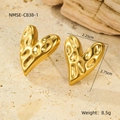Macro shot of gold heart earrings with irregular hammered texture and size specs - Irregular Hammered Texture Heart Style (NMSE-C838-1)