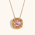 18K gold plated necklace featuring a square pink zircon pendant on a sleek snake chain - Pendant Necklace / Gold - Pink Zircon