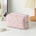 Pink quilted fabric cosmetic bag with diamond stitching and large capacity storage - Lotus Pink