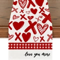 Close-up of linen Valentine's table runner with XOXO pattern and 'love you more' text - Plaid LoveYouMore-VT009