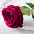 Single dark red velvet artificial rose flower with green leaves on white embossed plate - 10cm / Large Velvet Rose Purple