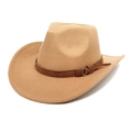 Camel western cowboy wool felt hat with brown decorative band and gold metal ring detail - Camel