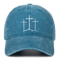 Detailed embroidery of three white crosses on vintage washed denim baseball cap - Lake Blue