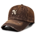 Distressed dark brown denim baseball cap with vintage N embroidery and frayed details - Coffee