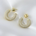 Classic C-shaped gold hoop earrings with full pave cubic zirconia on white silk - 2cm White Zircon (EP08-1)