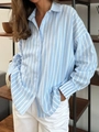 Dettaglio della trama della camicia a maniche lunghe a righe blu e bianche in cotone lino - S / Azzurro