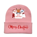 Close-up of pink knitted Christmas hat featuring reindeer and polar bear prints - Pink-Style F
