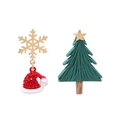Asymmetric Christmas earrings featuring a golden snowflake with red hat and a green star tree - Combination 5