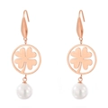 Rose gold stainless steel round earrings with clover pattern and white pearl drop - Rose Gold Four-leaf Clover (KE80017-GC)
