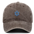 Detailed close-up of blue Star of David embroidery on vintage washed brown canvas cap - Adjustable / Coffee