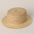 Flat top straw boater hat with wide scalloped brim and woven logo patch for summer beach wear - M (56-58cm) / Natural Wheat Straw