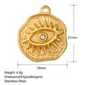 Macro detail of gold stainless steel eye pendant with hammered texture and dimensions - Hammered Eye Shape Pendant (SS0022)