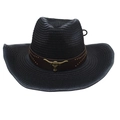 Black straw western cowboy hat with vintage bull head leather band and gold studs - Gradient Edge Gold Bull Head (With Wind Rope) / Black