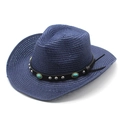 Detail of navy blue straw cowboy hat featuring turquoise stone and leather band - Navy Blue