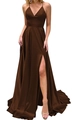 Elegant chocolate brown satin V-neck maxi dress with high slit and thin straps - US size 12 (L) / Coffee