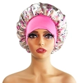 Pink wide-band satin sleep bonnet with floral print for hair protection and night wear - 10861 Pink Floral