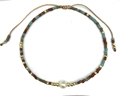 Bohemian seed bead bracelet with turquoise accents and a white pearl charm - Light Rope/White Pearl/Brown Turquoise Bead(BR0232)