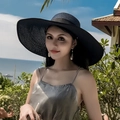 Elegant navy blue wide brim straw hat with black ribbon for beach sun protection - One Size / Navy Blue with Black Trim