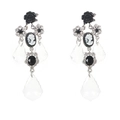 Vintage cameo drop earrings with black roses and crystal accents in silver finish - Retro Rose Cameo