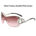 Frameless Y2K oversized sunglasses with silver snake metal temples and pink gradient lenses - Silver Frame Tea Pink Lens