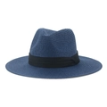 Detail of dark blue woven straw Panama hat featuring a classic black grosgrain ribbon band - Navy Blue