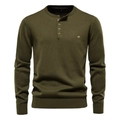 Detail view of olive green knit sweater showing the buttoned Henley neck and ribbed texture - L / Green