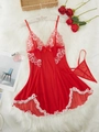 Two-piece red lace babydoll lingerie set with white floral trim and matching G-string - S / Red