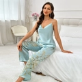 Light blue floral satin pajama set with camisole top and trousers for women - Light Blue