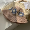 Handmade crochet sun hat in khaki with blue and yellow floral knit patterns - M(56-58cm) / Pink