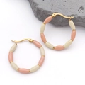 Macro detail of gold-plated bamboo hoop earrings with pink enamel beads on white stone - Bamboo Enamel Earrings (T1284) / 1 Piece / Khaki