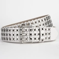 White punk style PU leather belt featuring three rows of silver metal rivets and a triple pin buckle - 110*3.8cm / White