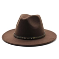 Detail of dark brown wool fedora hat with black band and bronze metal stud accents - Dark Coffee