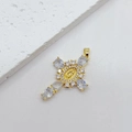 Detailed view of gold cross pendant with cubic zirconia and central religious icon - White