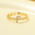 Adjustable S925 sterling silver golden ring featuring letter F design with small diamonds - Gold-Letter F
