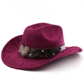 Detail of a purple suede cowboy hat featuring a heart buckle and paisley pattern belt - M (56-58cm) / Burgundy