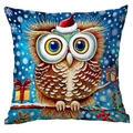 Close-up of Christmas owl pillow case with watercolor owl wearing a red festive hat - Pattern 5 / 45*45cm Short Plush Single Sided Without Core