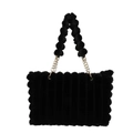 Large black plush tote bag with vertical stripes and fuzzy ball handles for winter - Black