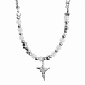 Titanium steel necklace featuring metallic beads, clear cut stones and star pendant - Crackled Cross Necklace / 50cm
