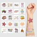 Detailansicht wasserfester temporärer Tattoos mit Buchmotiven auf dem Arm und Bogen - Lese-Serie 2 (20 Blatt/Packung)