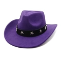 Close-up of purple wool cowboy hat with black leather band and silver star rivets - M (56-58cm) / Purple