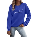 Blue crewneck sweatshirt with white Smile script and heart print for women - S / Blue
