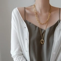 Double-layered gold necklace with oval lava pendant on a paperclip and curb chain - Double Layer Sweater Chain / Gold