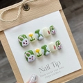 Handmade cute rabbit nail tips set in matcha green and cream white with floral art - XS / Cute Rabbit