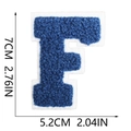 Detailed view of blue chenille letter F patch with white felt backing and dimensions - Blue-Letter F