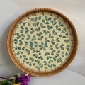 Handcrafted rattan tray with blue shell floral inlay and natural woven border - Wicker Blue Leaf / Large 35*3cm