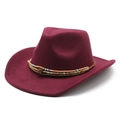 Macro detail of wine red felt cowboy hat with colorful beads and ethnic woven band decor - M / Burgundy