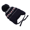 Detail of navy knit winter hat for boys with geometric patterns and faux fur pompom - 3-8 Years / Navy Blue
