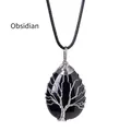 Handmade Tree of Life wire wrapped obsidian teardrop pendant on black woven cord - Silver Wire Wrapped Obsidian Pendant
